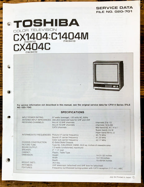 Toshiba CX1404 C1404M CX404C TV Television Service Manual *Original*