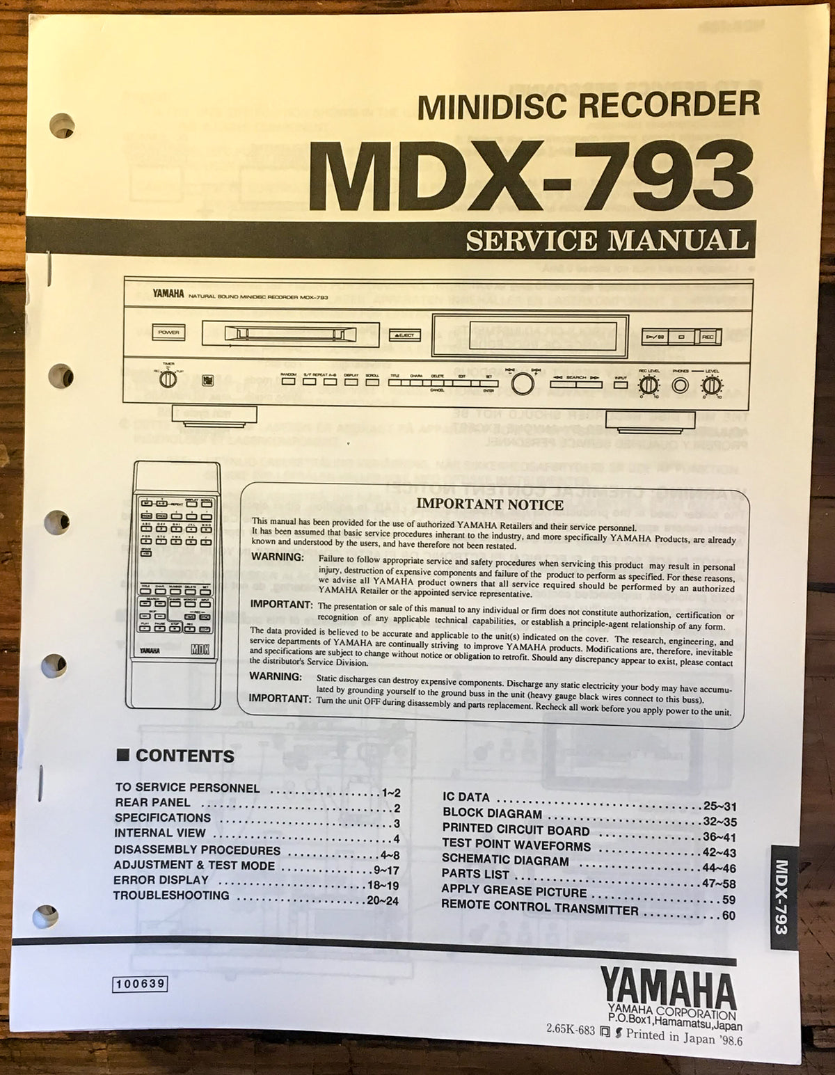 Yamaha MDX-793 Mini Disc Recorder Service Manual *Original*