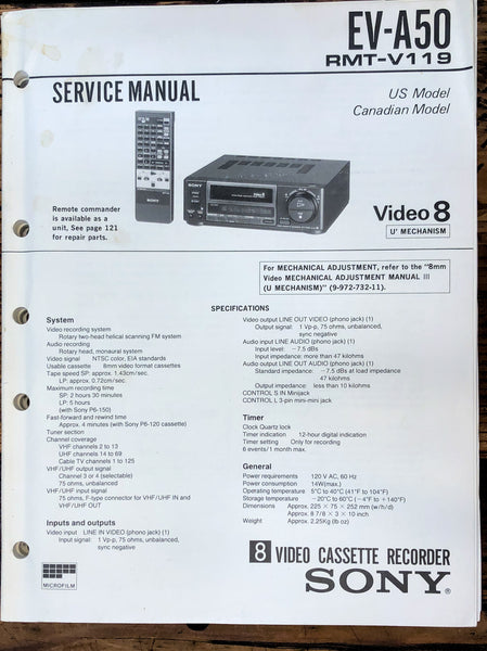 Sony EV-A50 Video 8 VCR  Service Manual *Original* #1