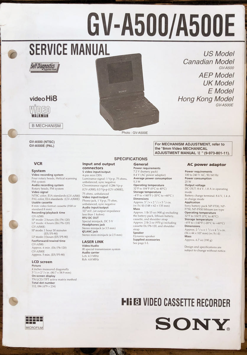 Video 8 Cassette Player Service Manual *Original* Vintage Audio Store