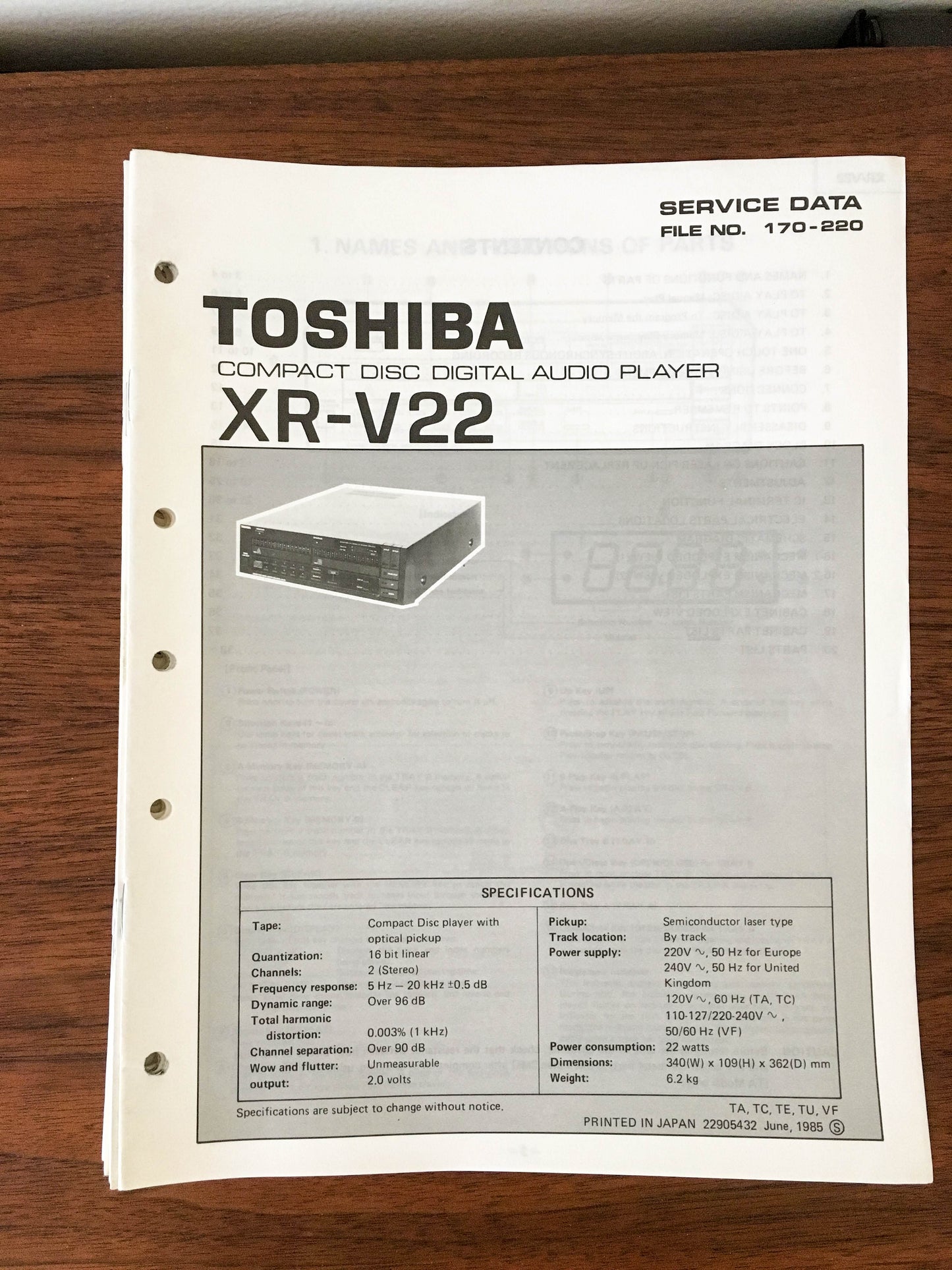Toshiba XR-V22 CD Player Service Manual *Original*