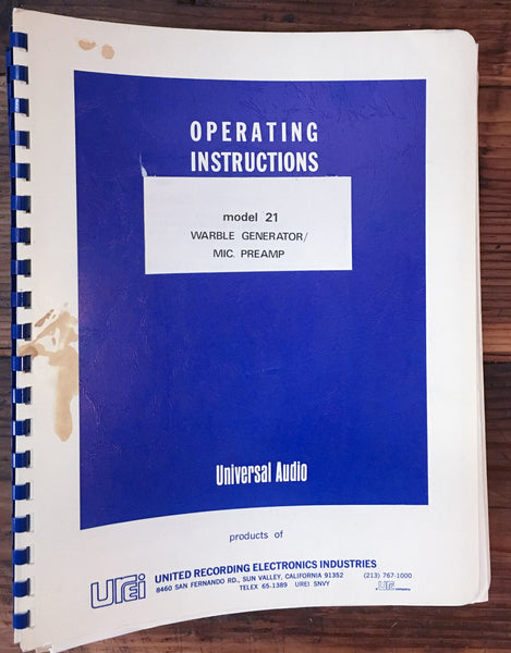 Urei Model 21 Warble / Mic Preamp  Owner Instruction Manual *Original*