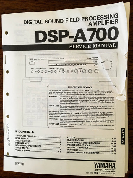 Yamaha DSP-A700 Amplifier Service Manual *Original*