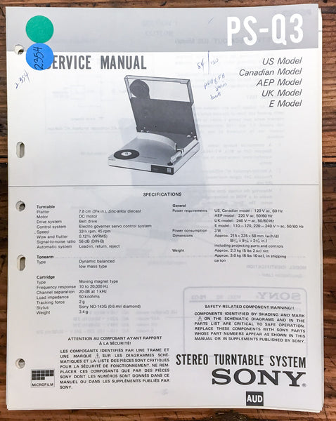 Sony PS-Q3 Record Player / Turntable  Service Manual *Original*