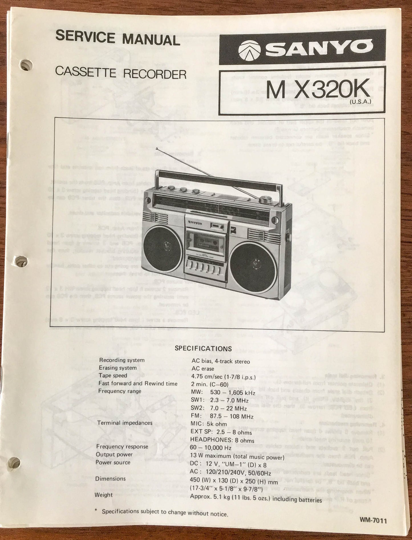 Sanyo M X320K Boombox / Radio Cassette Service Manual *Original*