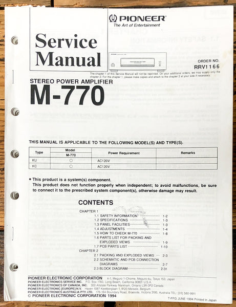 Pioneer M-770 Amplifier Service Manual *Original*