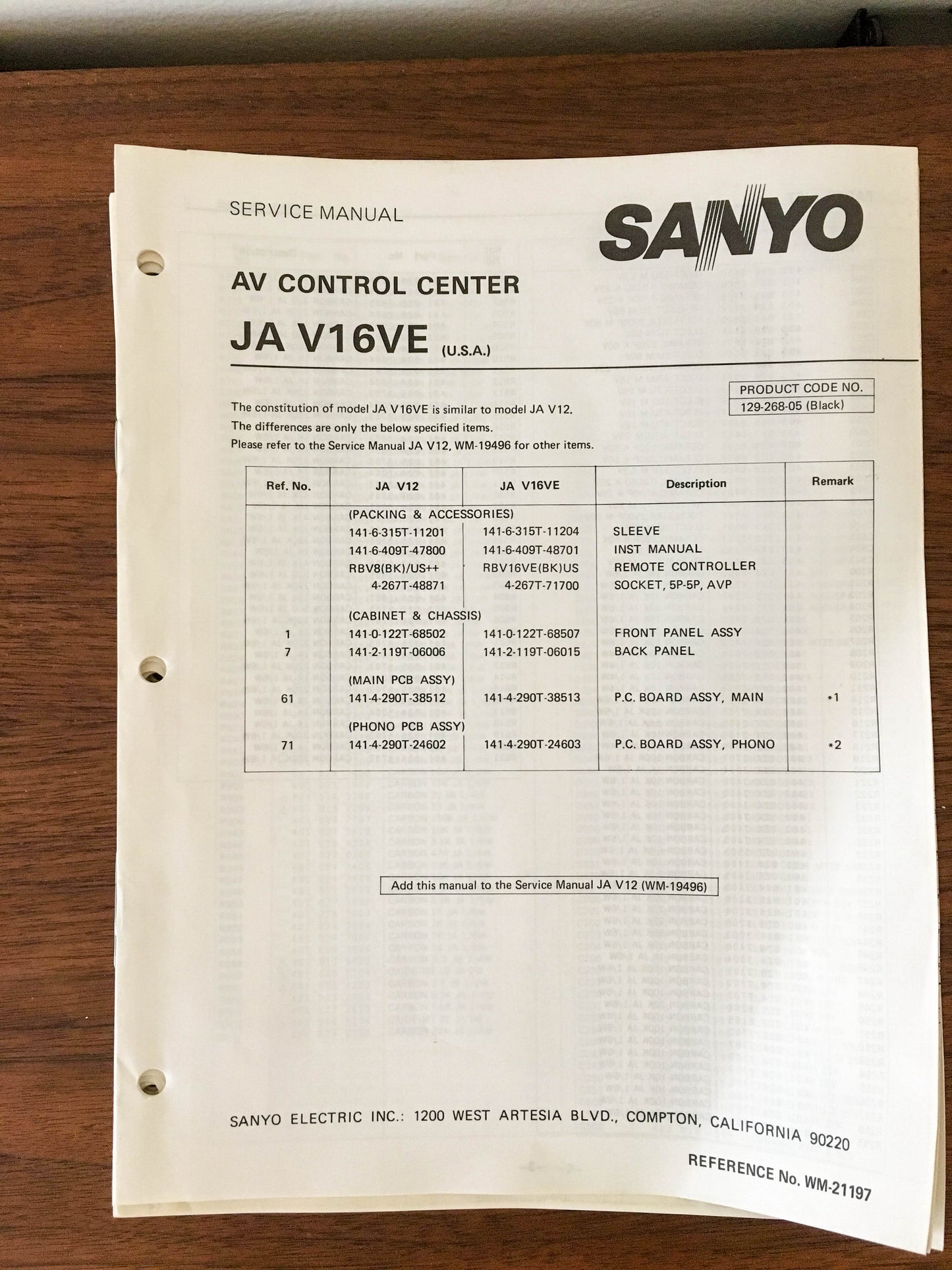 Sanyo JAV16VE AV CONTROL CENTER Service Manual *Original*