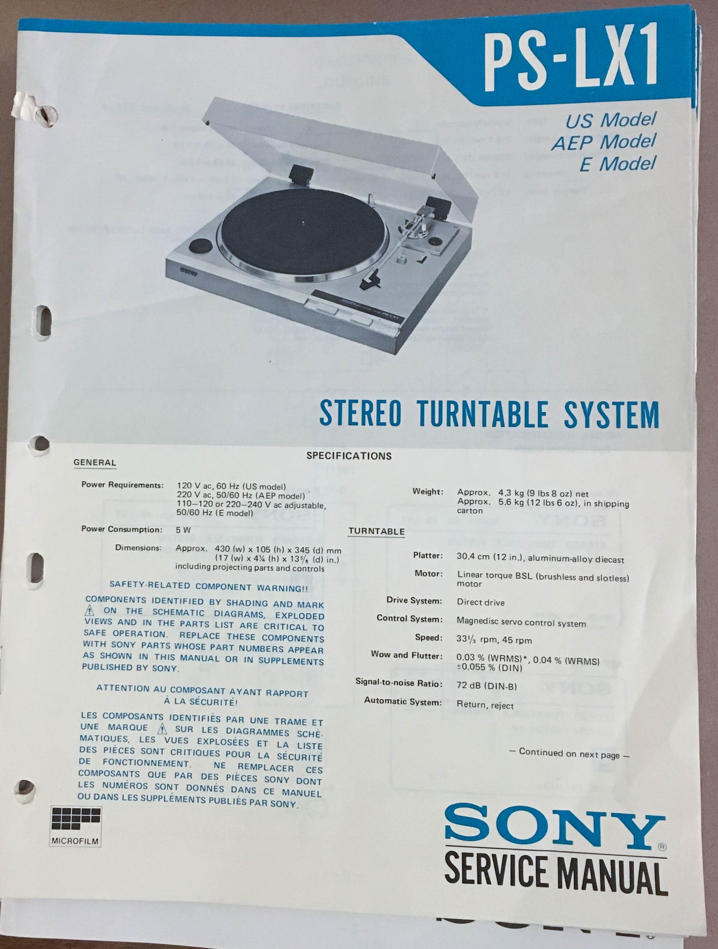 Sony PS-LX1 Turntable Record Player  Service Manual *Original*