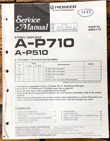 Pioneer A-P710 A-P510 Amplifier Service Manual *Original*