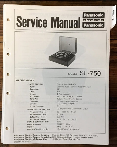 Panasonic SL-750 Record Player / Turntable Service Manual *Original*