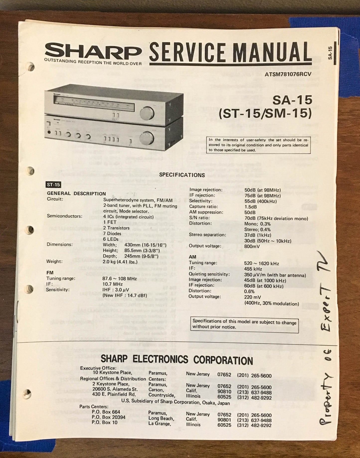Sharp SA-15 ST-15 SM-15 Tuner Amplifer Service Manual *Original*