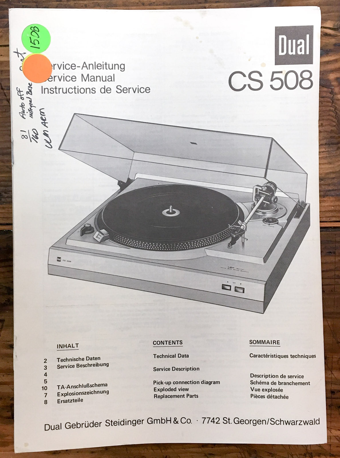 Dual CS 508 Record Player / Turntable  Service Manual *Original*