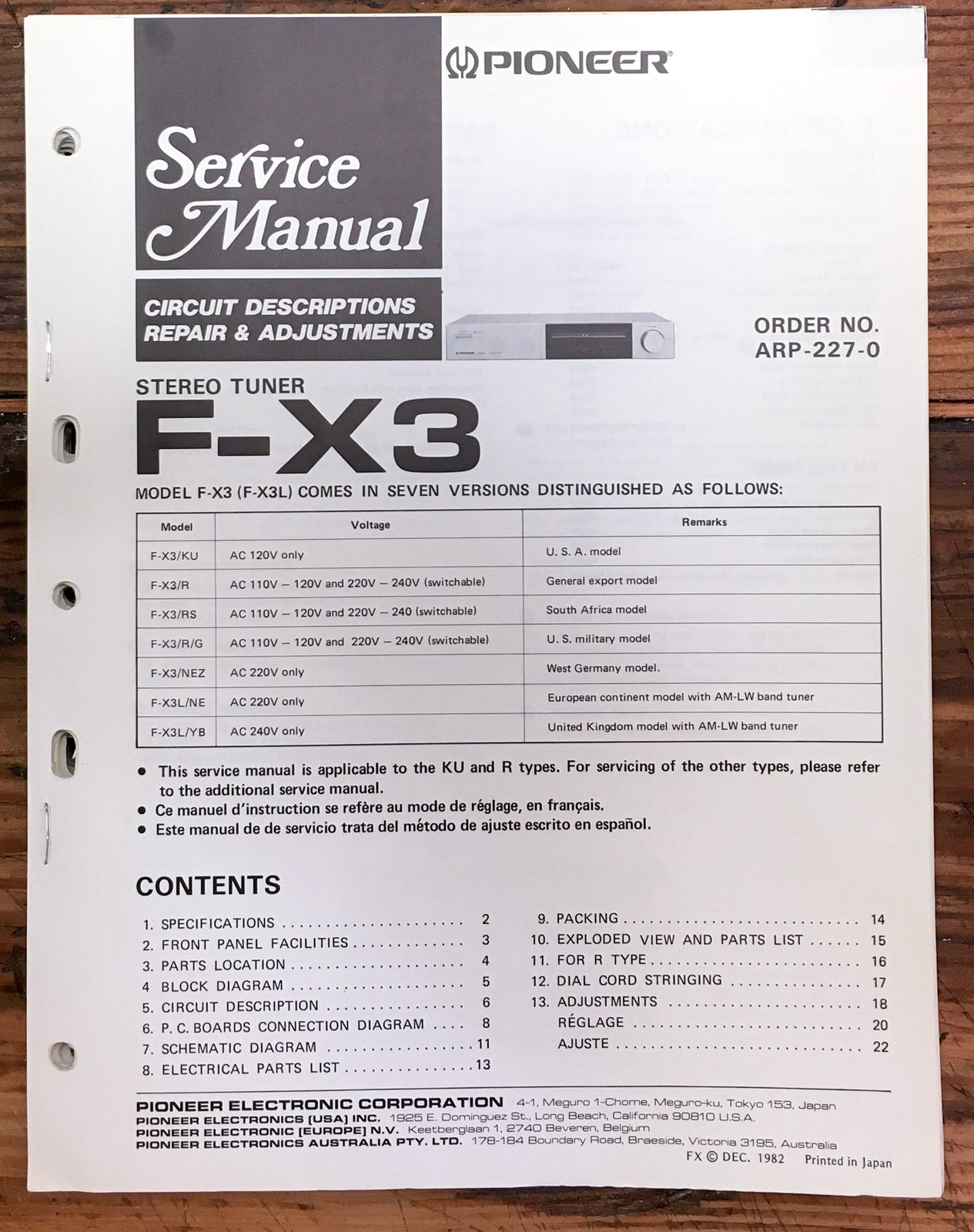 Pioneer F-X3 Tuner  Service Manual *Original*