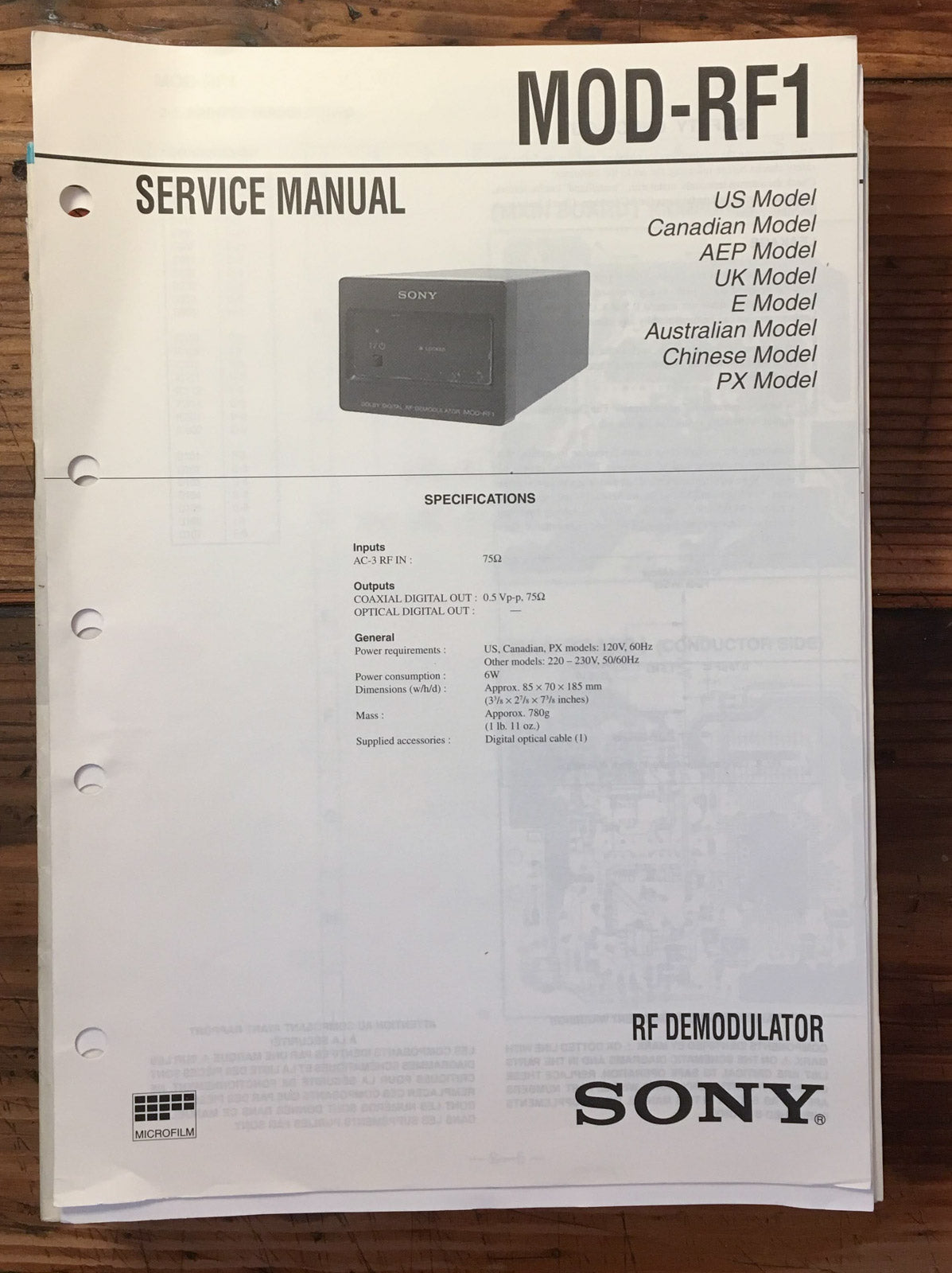 Sony MOD-RF1 RF Demodulator  Service Manual *Original*