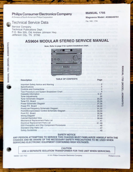 Magnavox AS9604 Stereo Service Manual *Original*