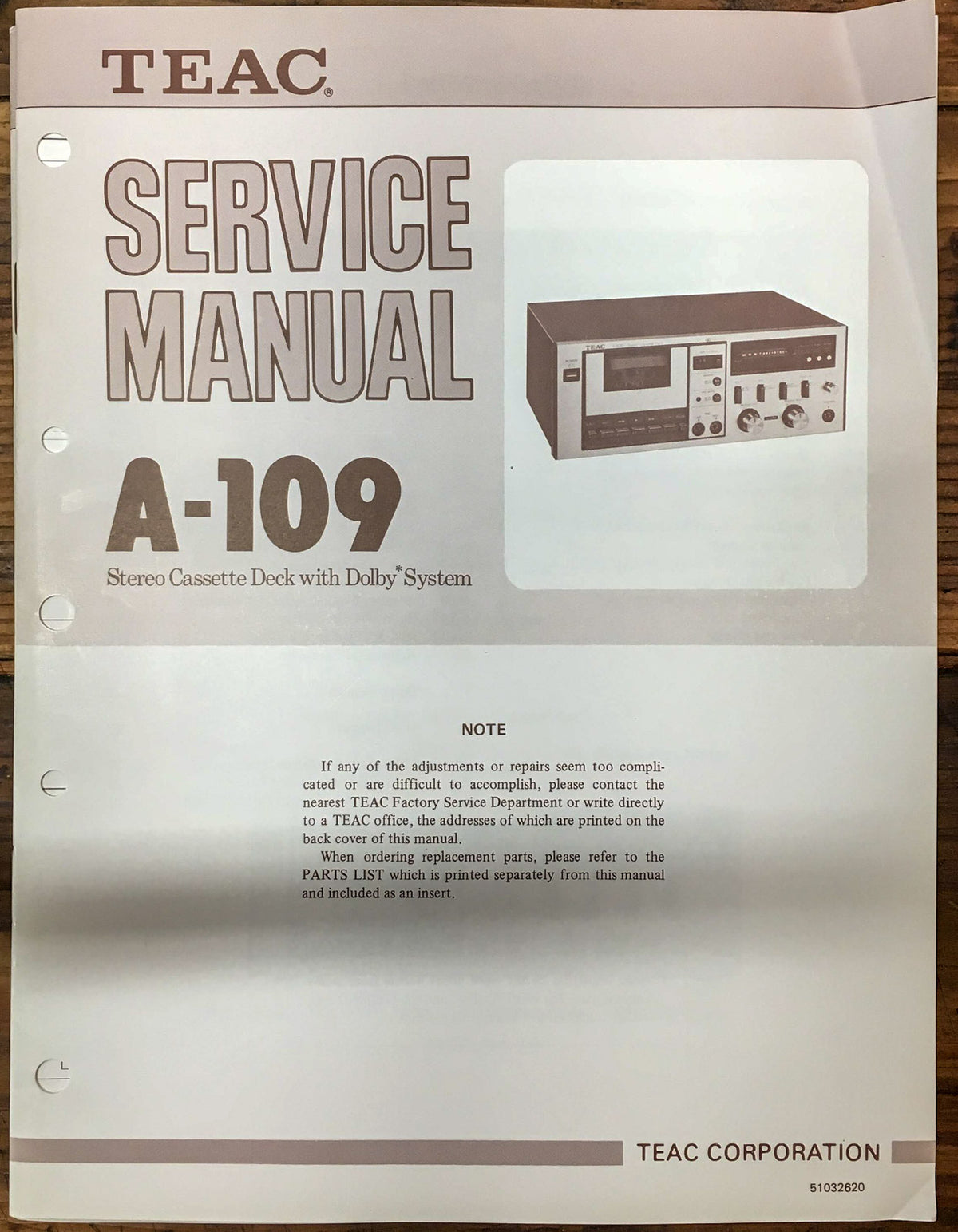 Teac A-109 Cassette Deck  Service Manual *Original*