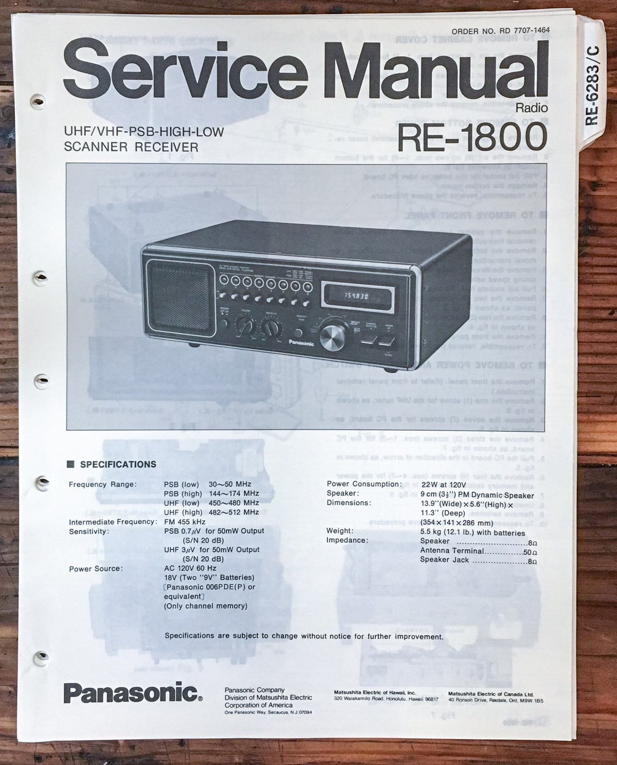 Panasonic RE-1800 Radio  Service Manual *Original*