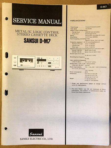 Sansui D-M7 Cassette / Tape Player Service Manual *Original*