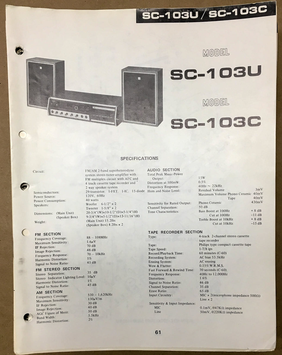 Sharp SC-103U SC-103C Radio / Stereo Service Manual *Original*