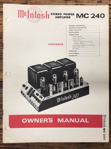 Mcintosh  MC-240 / MC240 Amplifier  Owner / User Manual *Original*