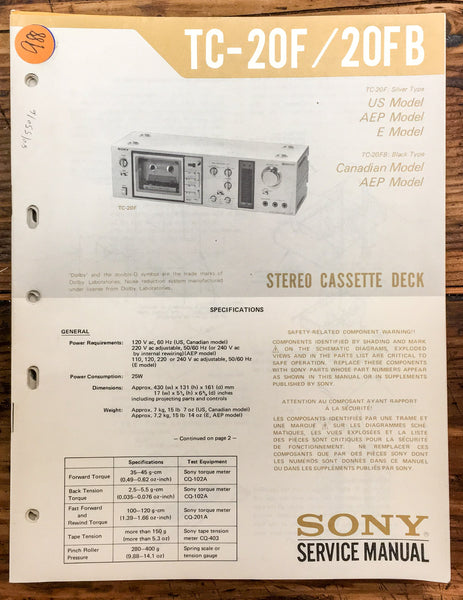 Sony TC-20F TC-20FB Cassette  Service Manual *Original*