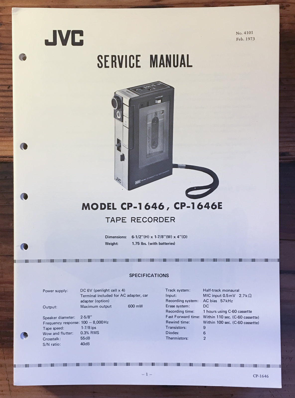 JVC CP-1646 CP-1646E Cassette Service Manual *Original*