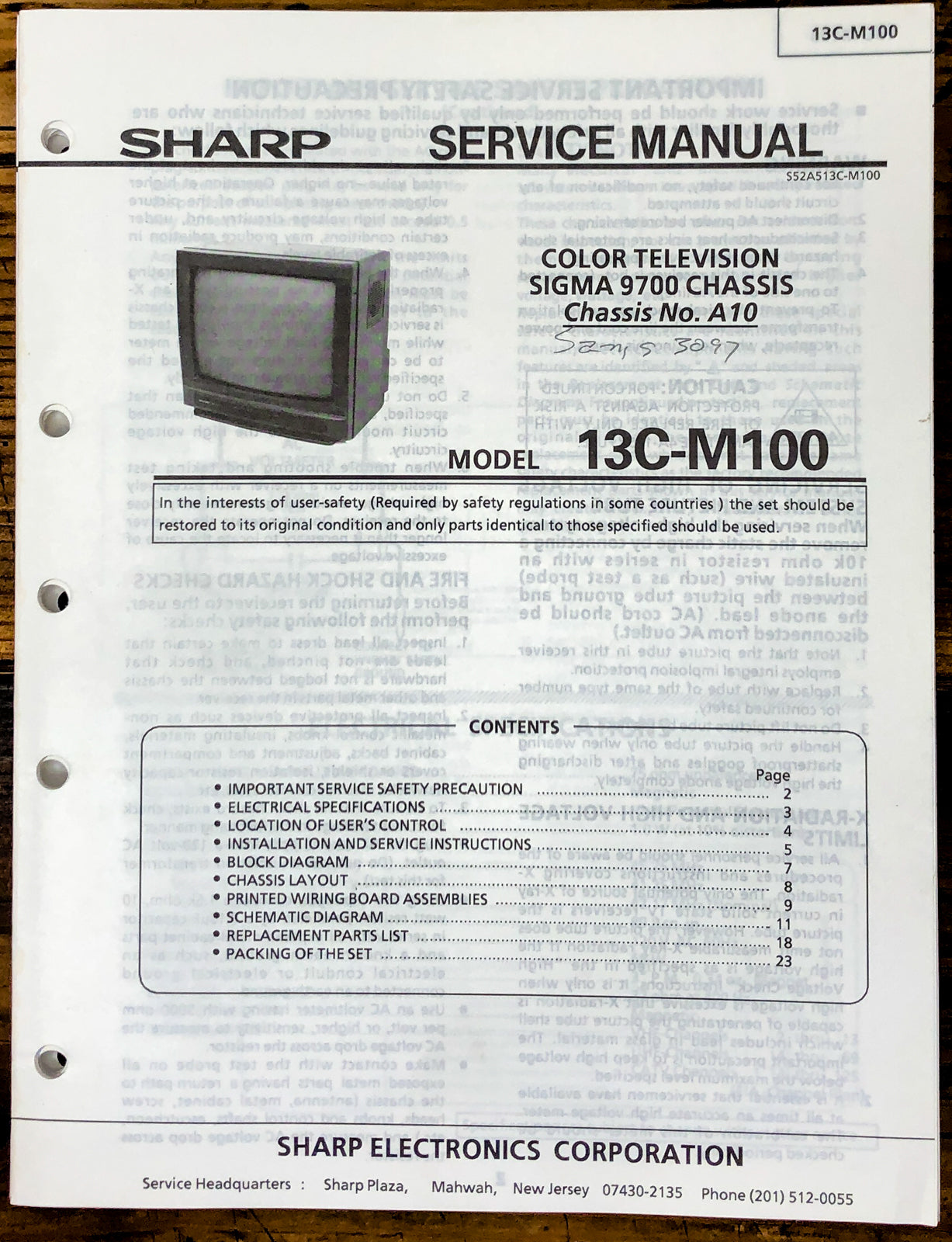 Sharp 13C-M100 TV / Television Service Manual *Original*