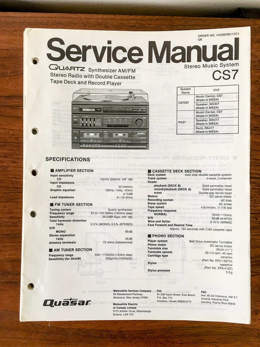 Quasar / Technics CS7 CS7 Stereo Service Manual *Original* Vintage