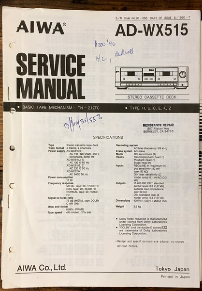 Aiwa AD-WX515 Cassette Service Manual *Original*