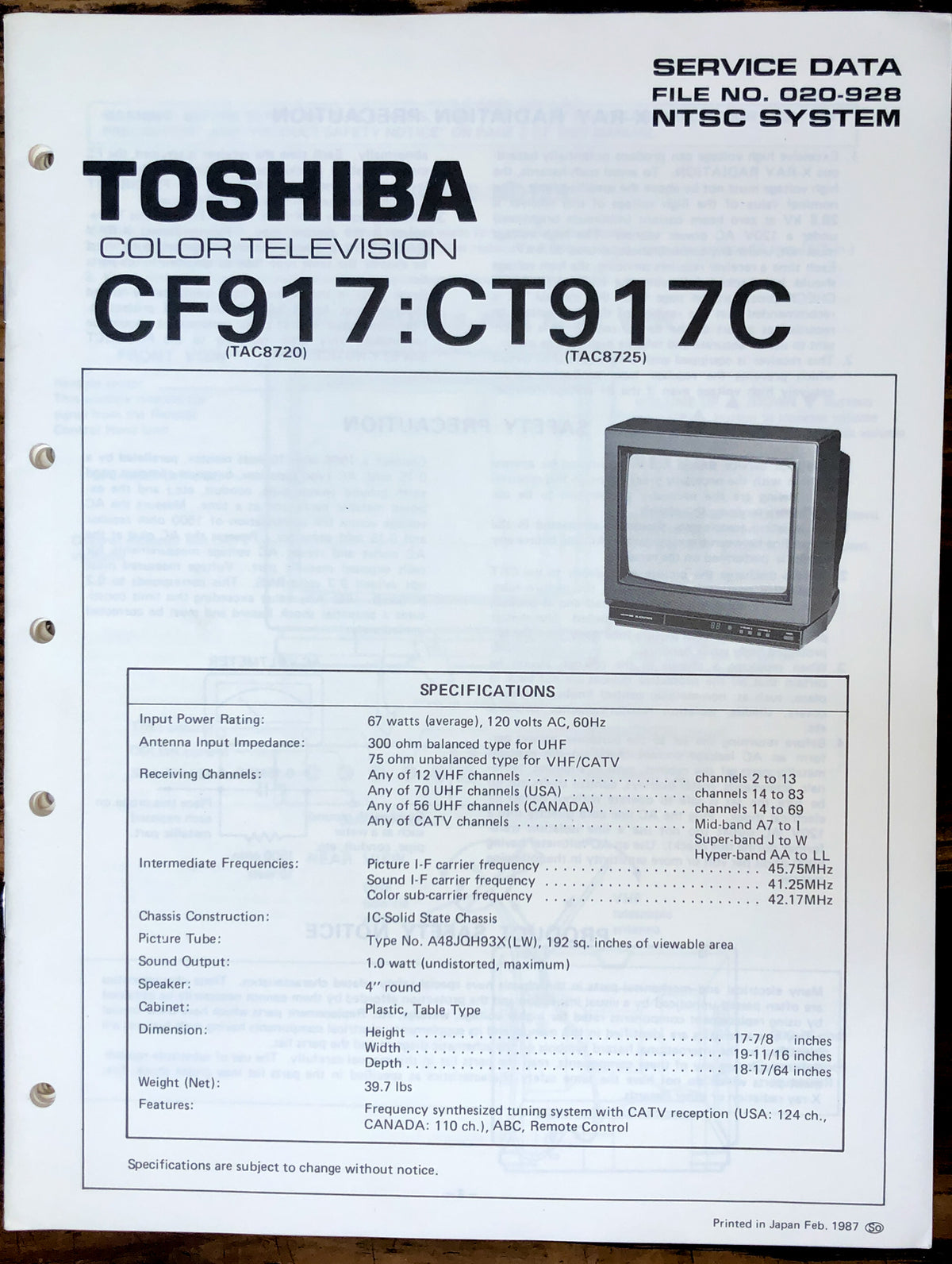 Toshiba CF917 CT917C TV  Service Manual *Original*
