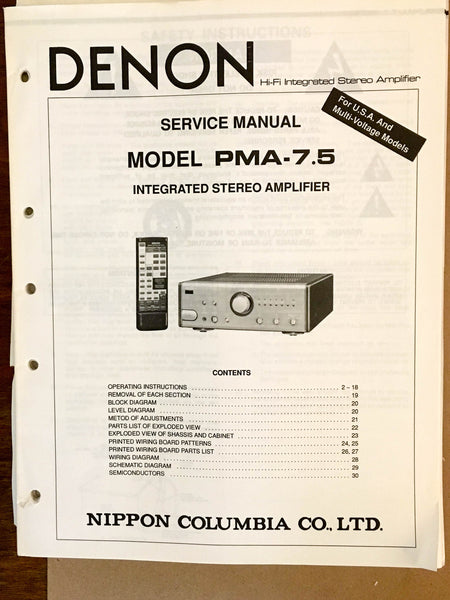 Denon PMA-7.5 Preamp / Preamplifier  Service Manual *Original* #1