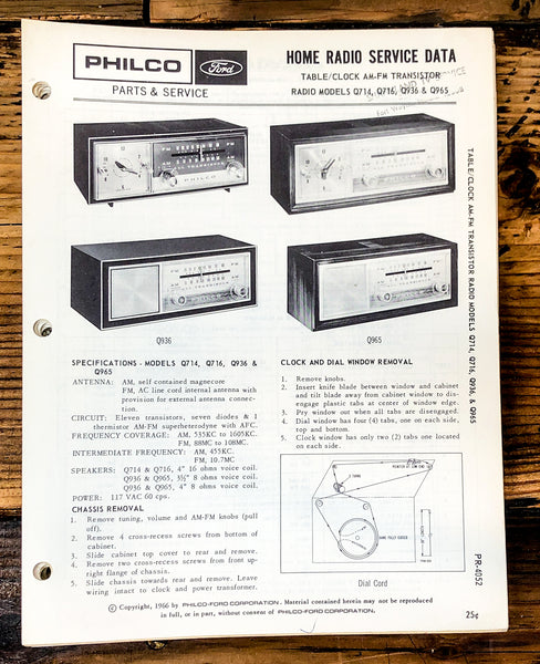 Philco Ford Q714 Q716 Q936 Q965 Radio Service Manual *Original*