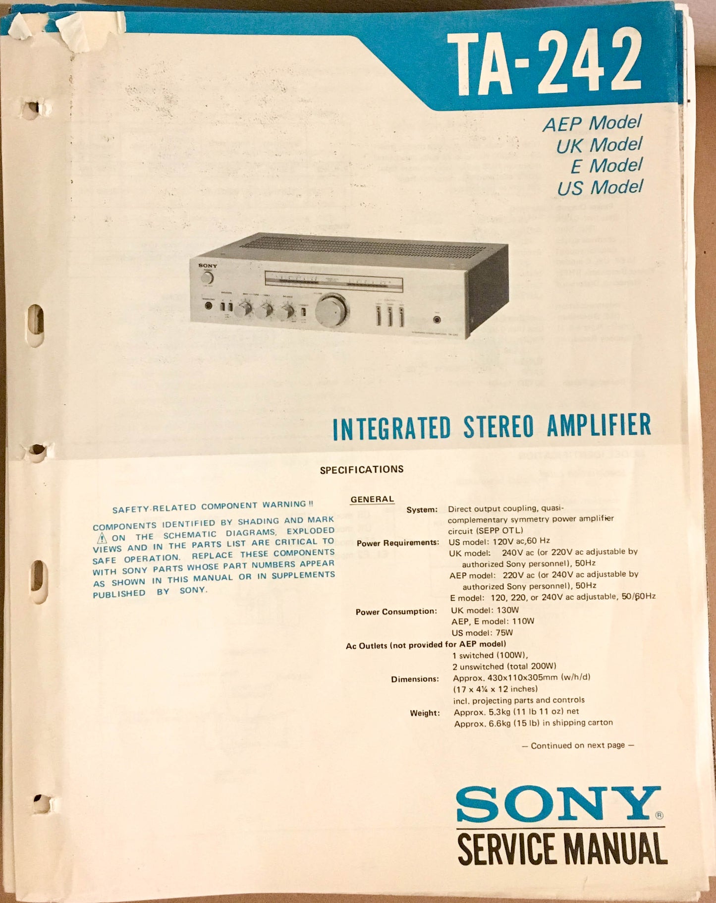 Sony TA-242 Amplifier  Service Manual *Original*