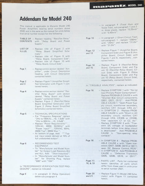 Marantz Model 240 Amplifier  Service Manual *Original* Addendum