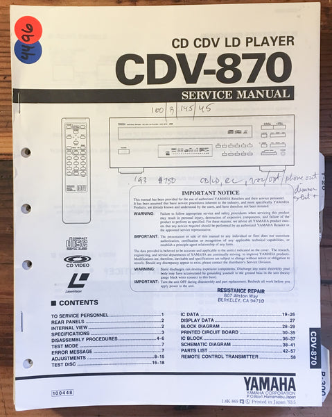 Yamaha CDV-870 CD CDV LD Player Service Manual *Original*