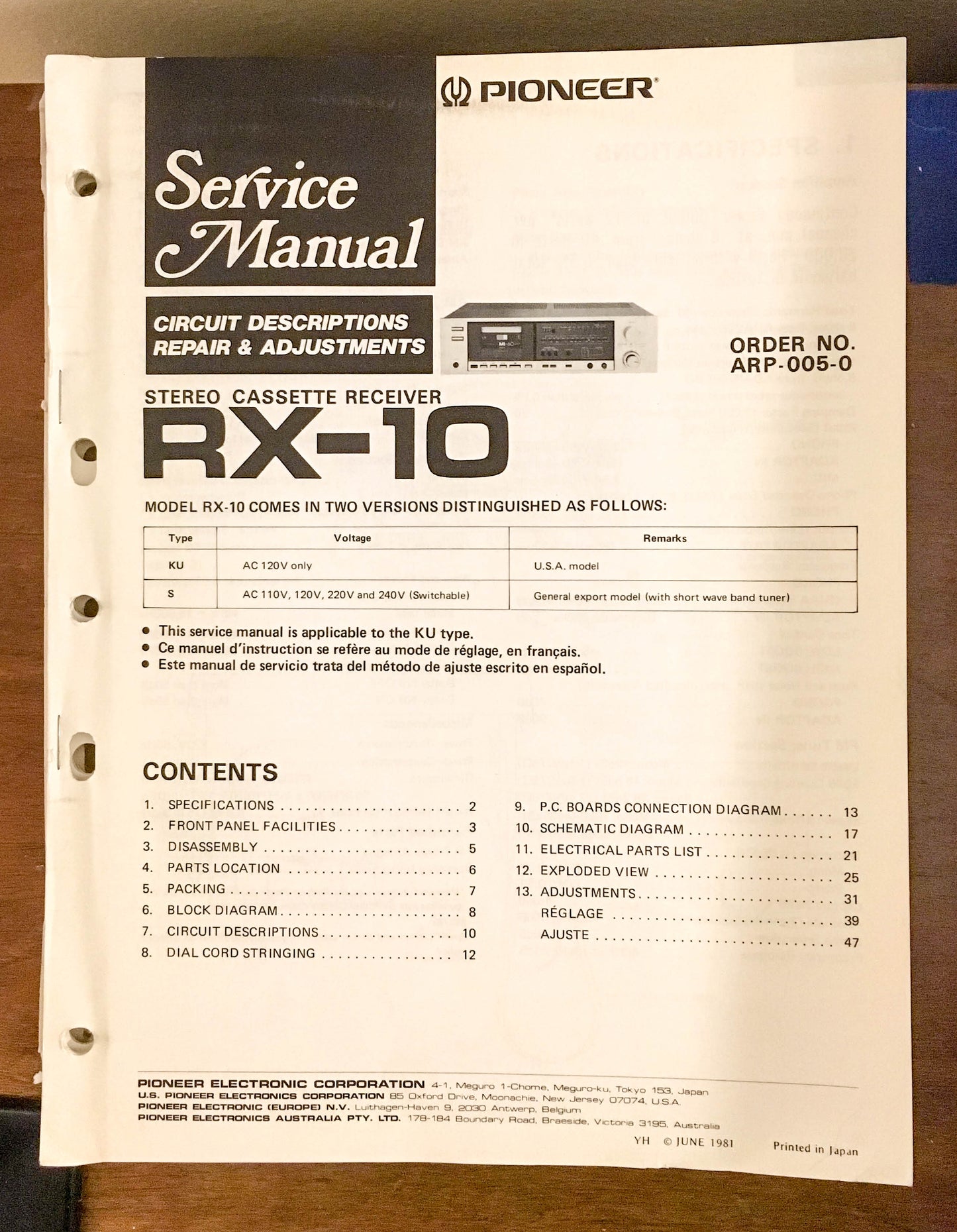 Pioneer RX-10 Cassette Receiver Service Manual *Original*