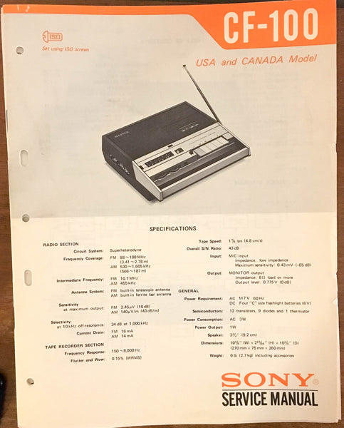 Sony CF-100 RADIO CASSETTE  Service Manual *Original*