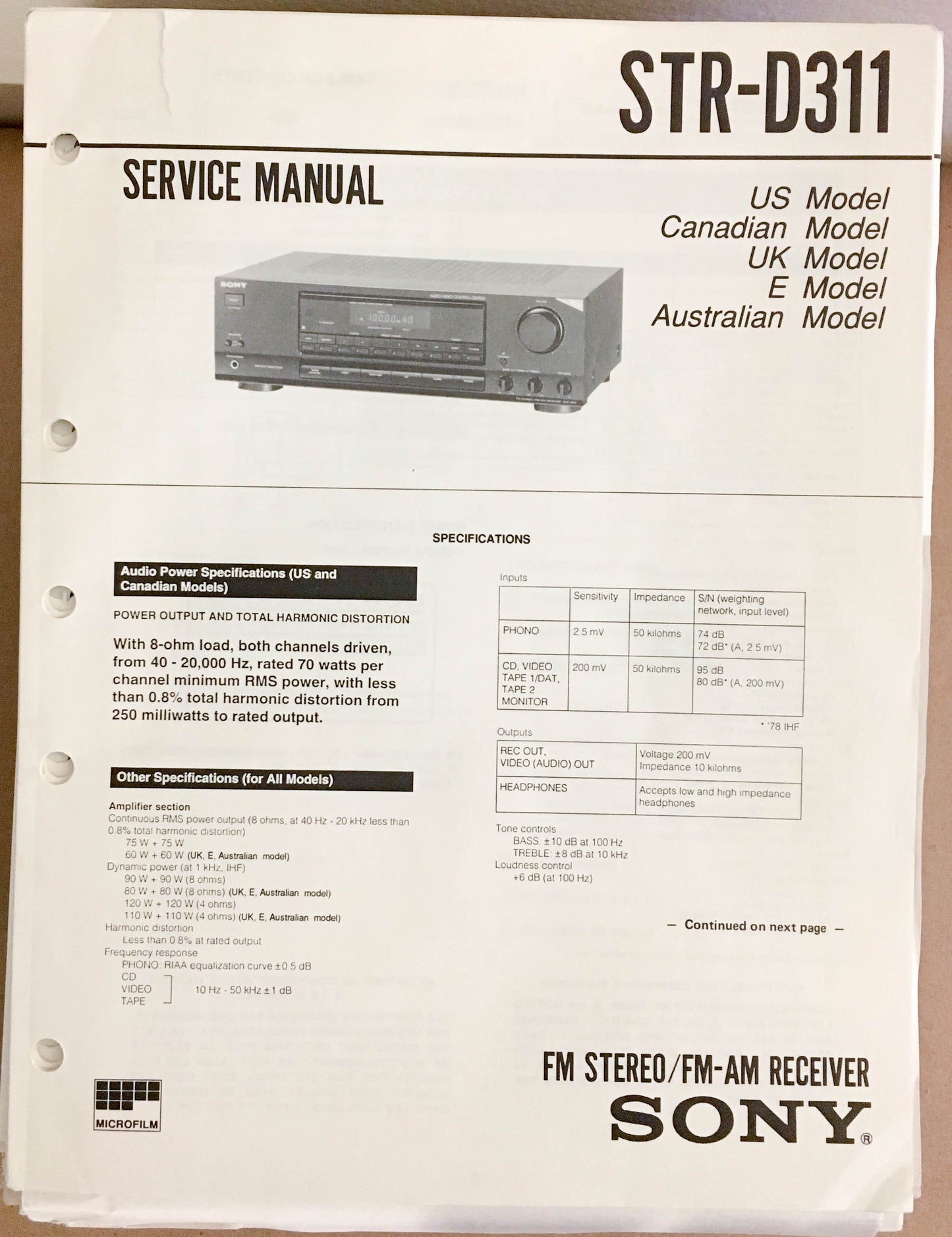 Sony STR-D311 Receiver  Service Manual *Original*
