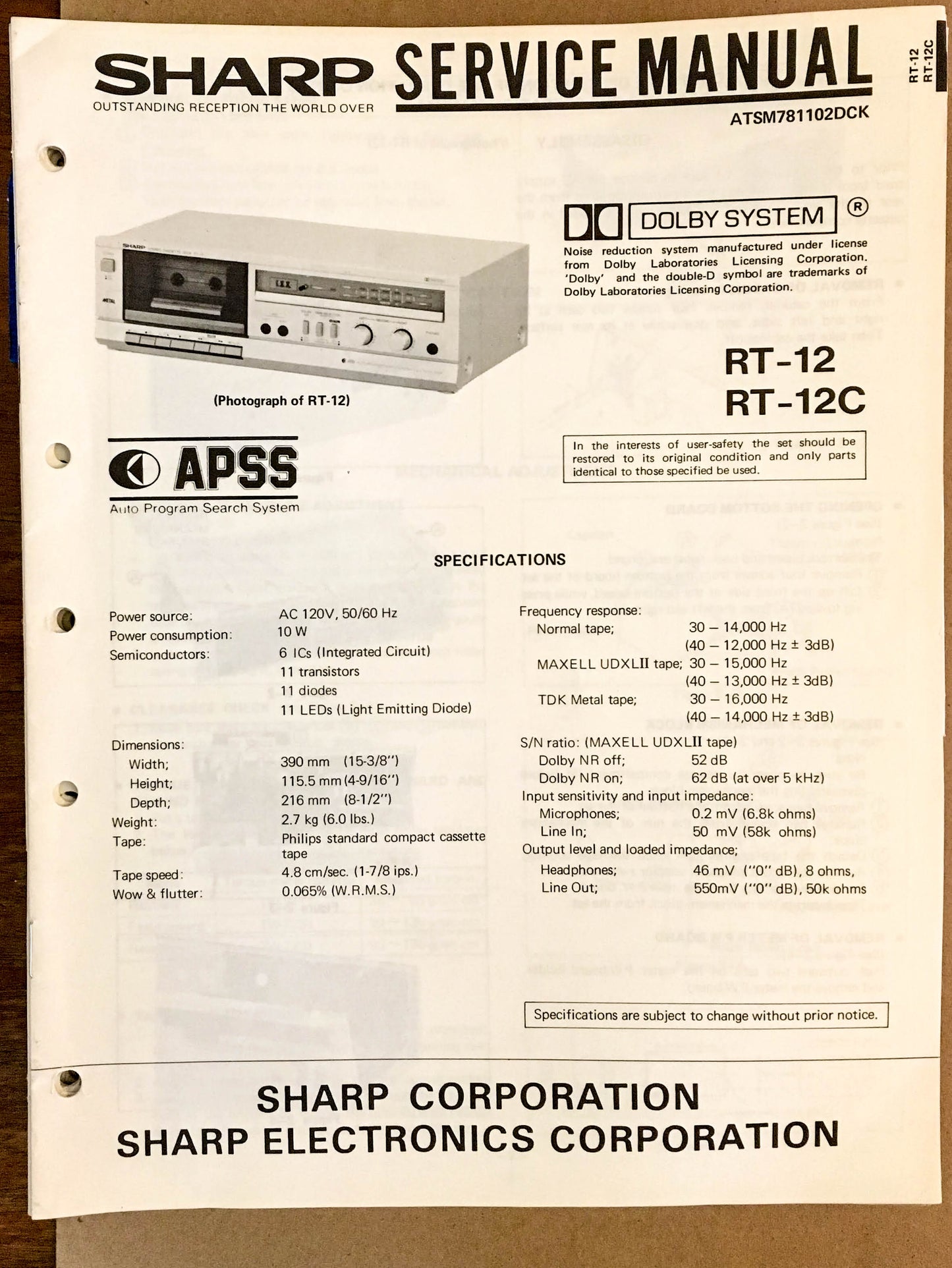 Sharp RT-12 RT-12C Cassette Deck  Service Manual *Original*