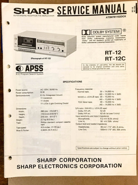 Sharp RT-12 RT-12C Cassette Deck  Service Manual *Original*