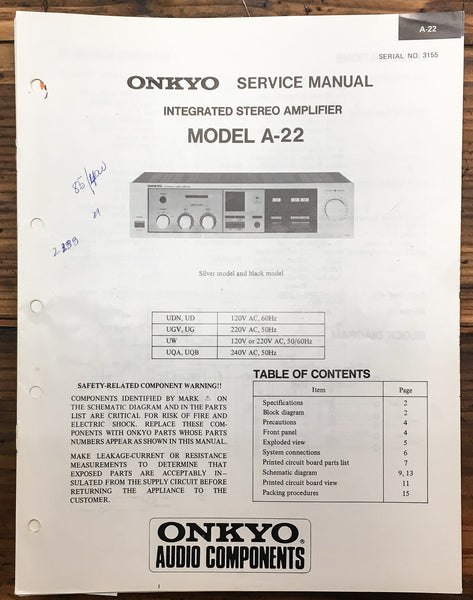 Onkyo A-22 Amplifier  Service Manual *Original*