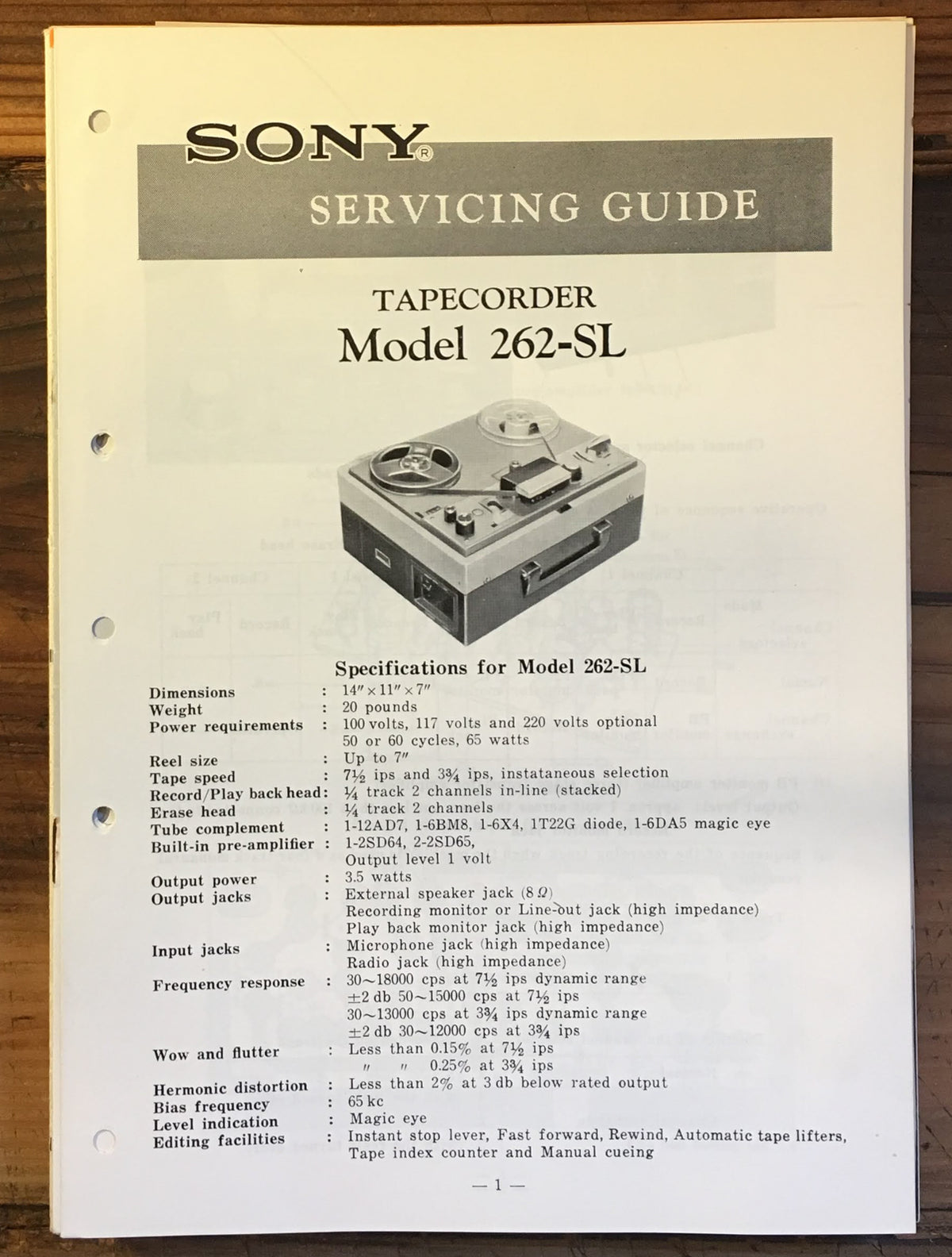 Sony Model 262-SL Tape Recorder Service Manual *Original*