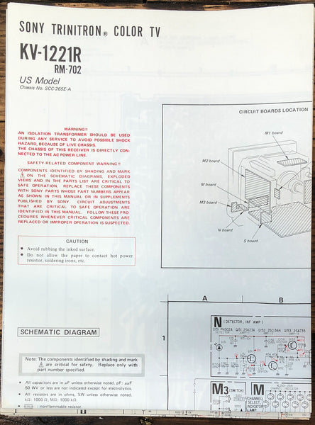 Sony KV-1221R TV  Large Fold Out Schematic *Original*