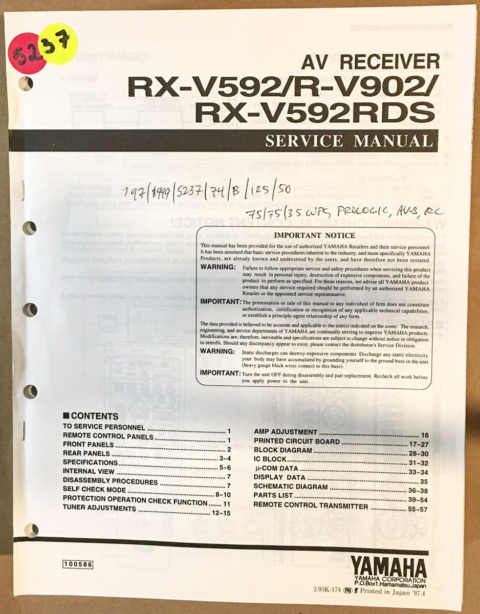 Yamaha RX-V592 R-V902  Receiver  Service Manual *Original*