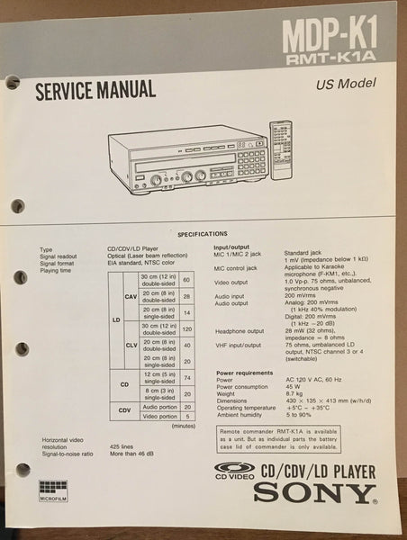 Sony MDP-K1 CD CDV LD Player  Service Manual *Original*