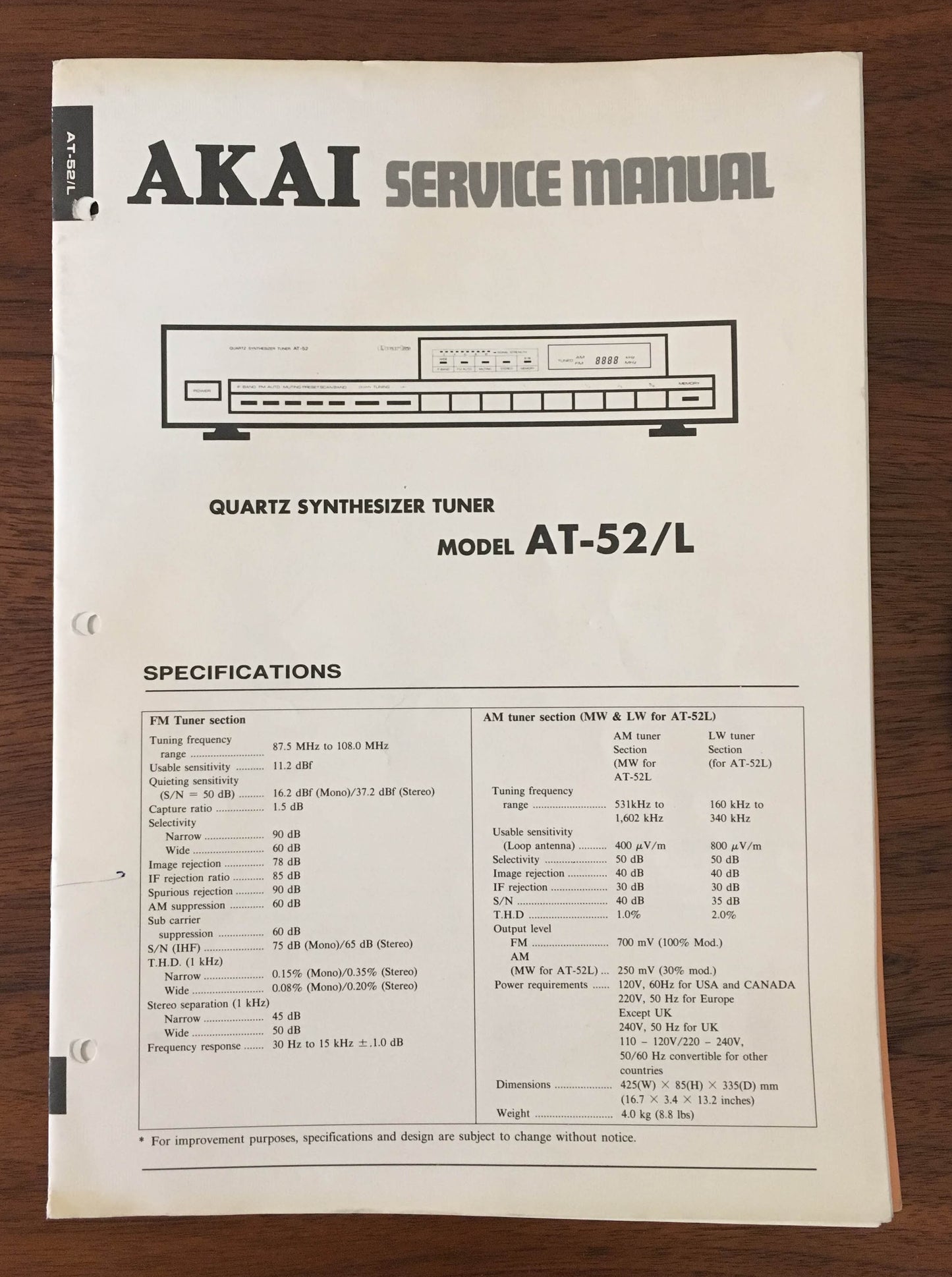 Akai AT-52 AT-52L TUNER Service Manual *Original*