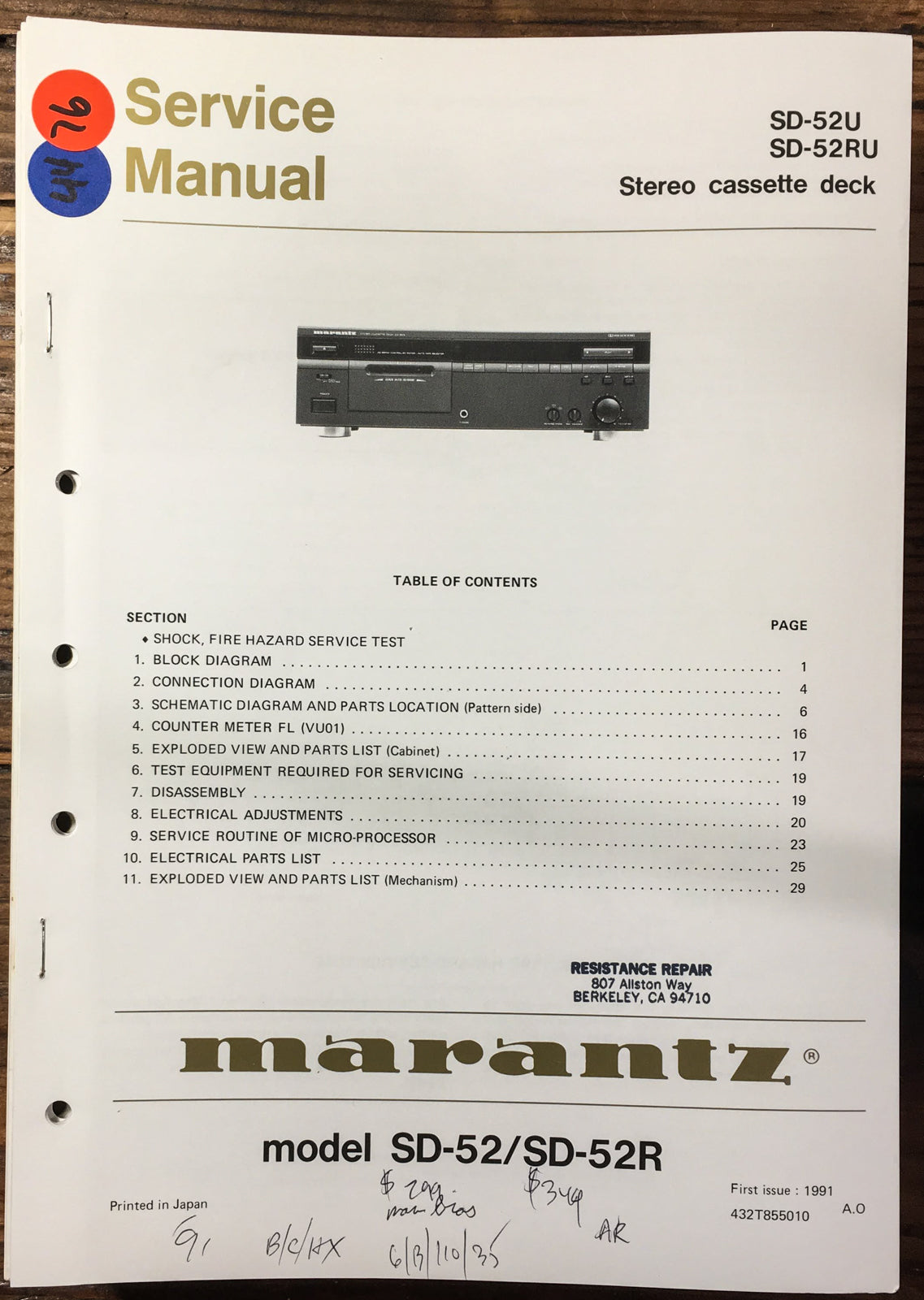 Marantz SD-52U SD-52 RU Cassette  Service Manual *Original*