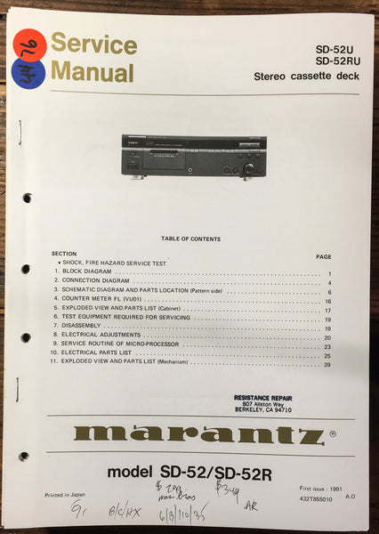 Marantz SD-52U SD-52 RU Cassette  Service Manual *Original*