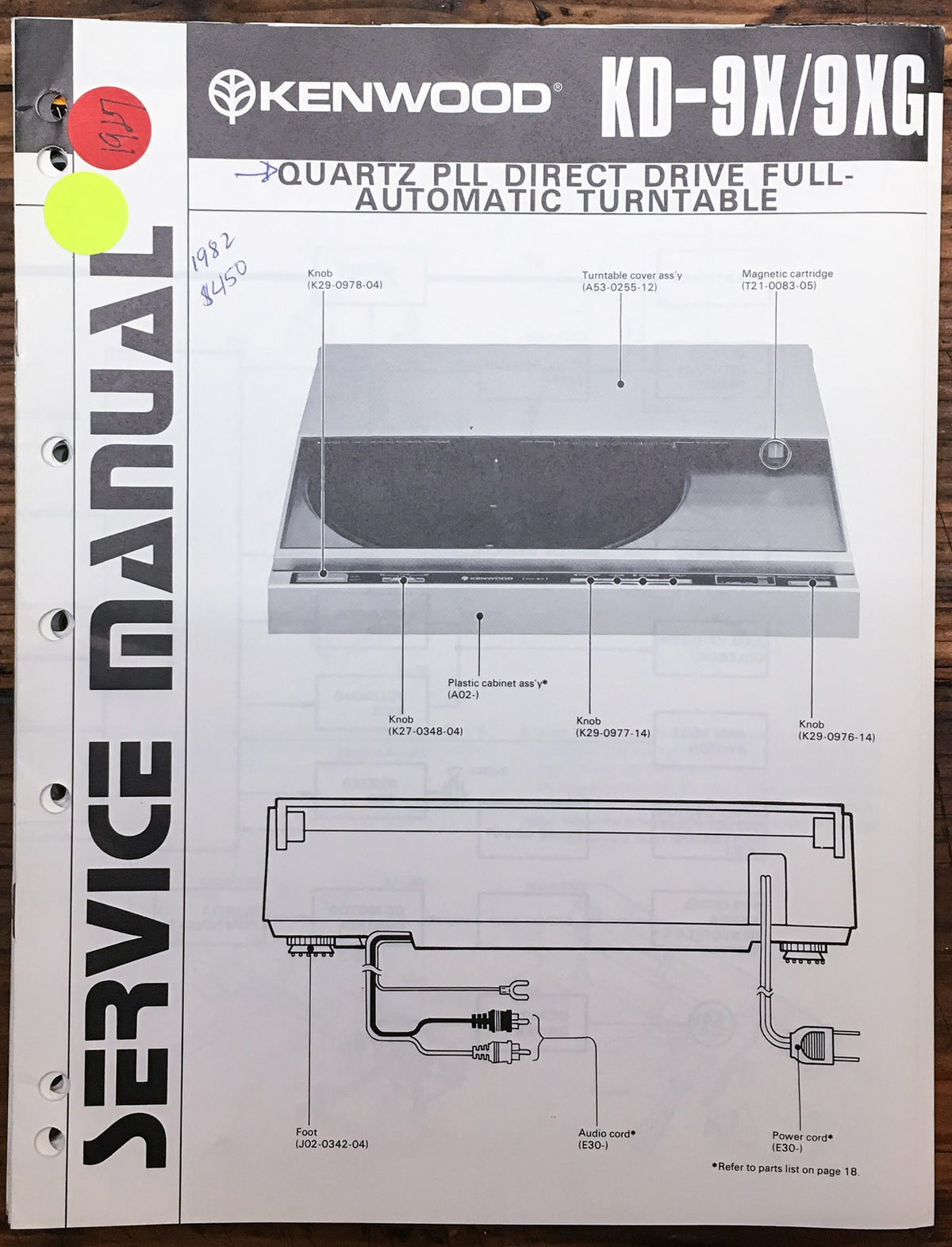 Kenwood KD-9X KD-9XG Record Player / Turntable  Service Manual *Original*