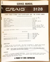 Craig Model 3128 8 Track Stereo Service Manual *Original*